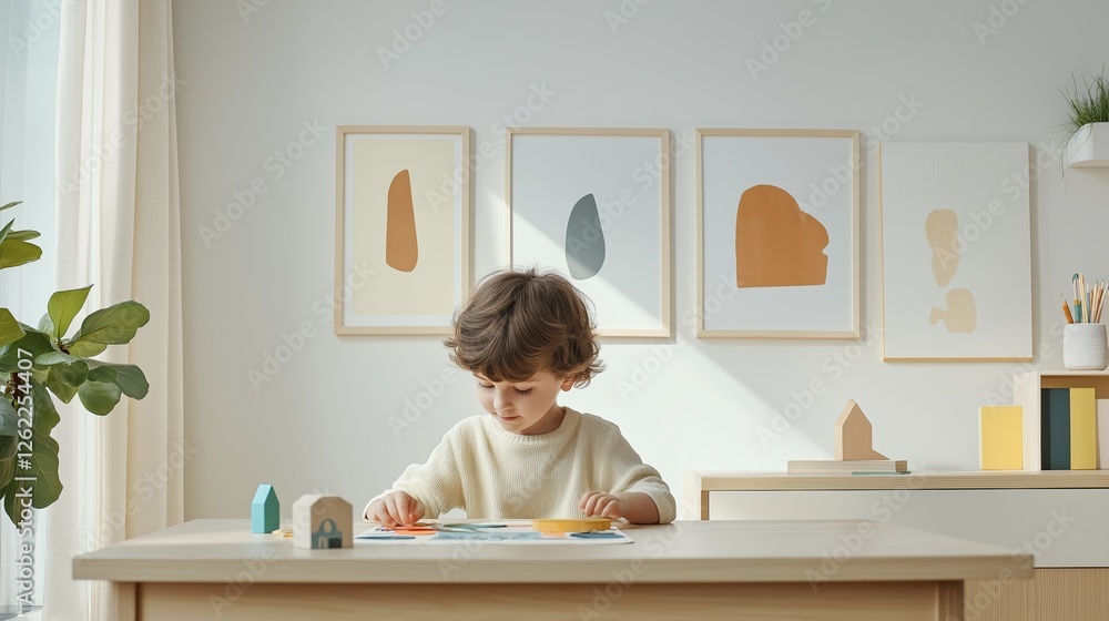 Child engaged in creative activity in a bright room with simple decor and modern artwork Child engaged in creative activity in a bright room with simple decor and modern artwork