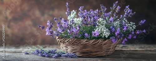 A basket of purple and white flowers sits on a wooden table