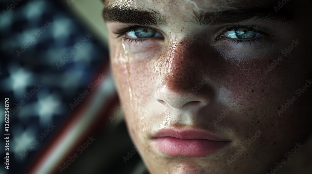 A young recruit gazing forward, a single tear rolling down, catching the reflection of the American flag, soft-focus background, natural skin textures, moody lighting, ultra-HD photorealism, A young recruit gazing forward, a single tear rolling down, catching the reflection of the American flag, soft-focus background, natural skin textures, moody lighting, ultra-HD photorealism,