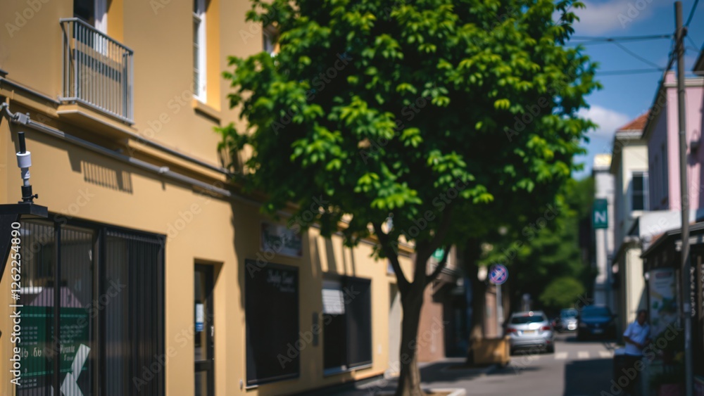 Charming European Street Scene with Lush Greenery and Pastel Buildings Charming European Street Scene with Lush Greenery and Pastel Buildings