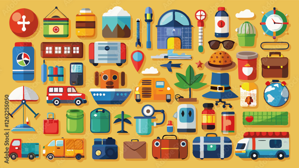 Obraz premium the spirit of travel and adventure with charming illustrations of luggage, transportation, landmarks, and essential travel gear, perfect for elevating any travel-related design
