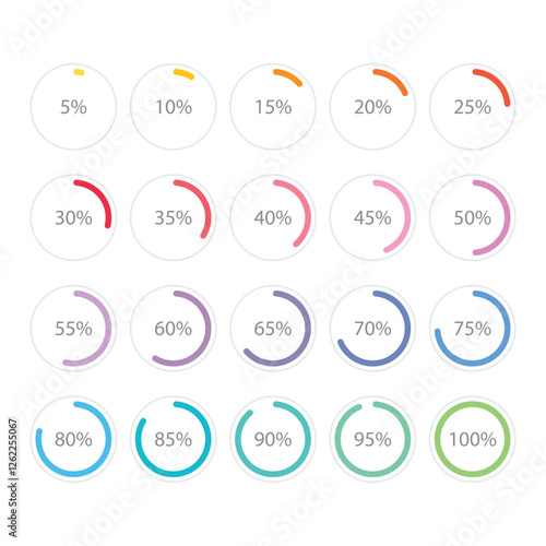 Set of colorful infographic percentage piecharts / segment of hole circle icons 0% - 100%, simple flat design loading data interface elements app button ui ux web, vector isolated on white background