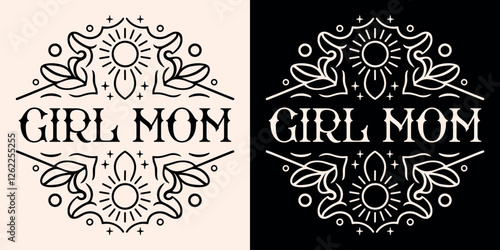 Girl mom spiritual mama witchy gothic aesthetic round badge sticker for mother's day baby shower gift. Dark academia floral celestial moon magic retro vintage theme black printable card shirt design.