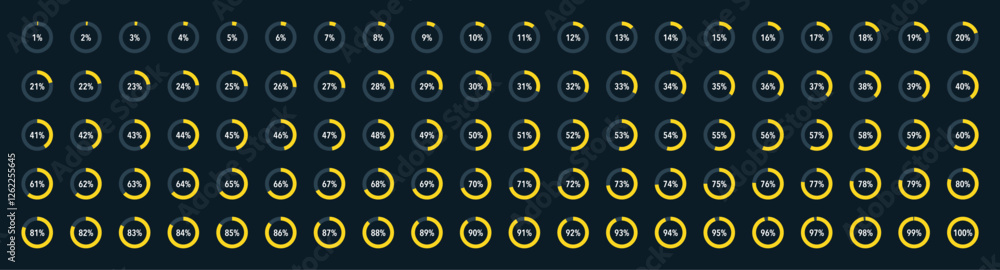 Set of round yellow infographic pie charts, segment of circle icons 0% - 100%, simple flat design loading data interface elements app button ui ux web, vector isolated on dark background Set of round yellow infographic pie charts, segment of circle icons 0% - 100%, simple flat design loading data interface elements app button ui ux web, vector isolated on dark background