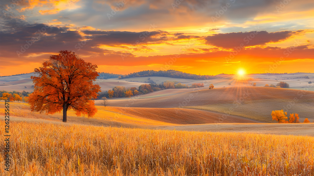 Fototapeta premium Autumn sunrise over rolling hills and wheat field