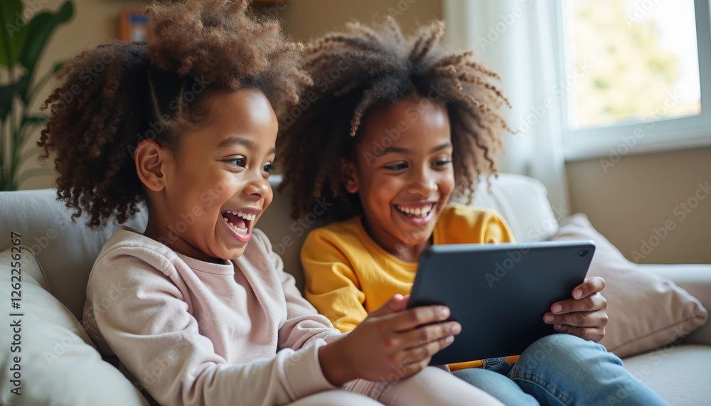 Two Girls Watching Tablet with Joyful Expressions Two Girls Watching Tablet with Joyful Expressions