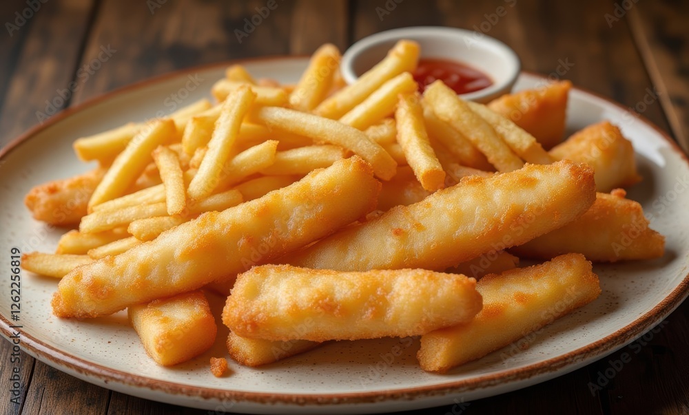 Delicious fries and crispy fish sticks Delicious fries and crispy fish sticks