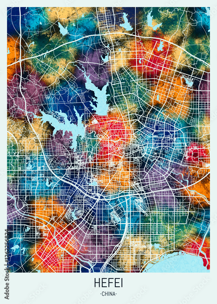 Obraz premium Hefei China Map. downtown printable Landmarks, print city painting, travel art, city banner, modern city, urban city art, background abstract city Map
