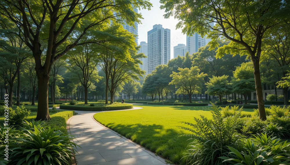 Obraz premium Beautiful urban park with lush greenery, pathways, and sunlight filtering through trees, surrounded by modern apartment buildings.