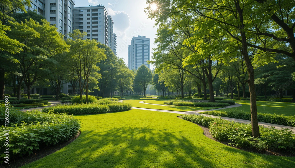 Beautiful urban park with lush greenery, pathways, and sunlight filtering through trees, surrounded by modern apartment buildings. Beautiful urban park with lush greenery, pathways, and sunlight filtering through trees, surrounded by modern apartment buildings.