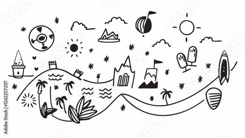 a lively summer beach scene, featuring palm trees, mountains, ice cream, and playful accessories, perfect for infusing creative projects with a cheerful and tropical vibe