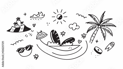 the essence of a tropical beach vacation with whimsical elements like palm trees, surfboards, sunglasses, and a shining sun, perfect for brightening any summer-themed design