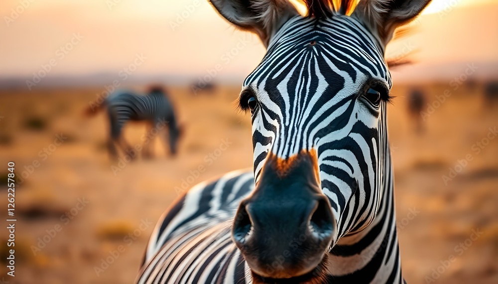 Naklejka premium Close up of a zebra in African plains, bold stripes, dusty yellow background, inquisitive expression