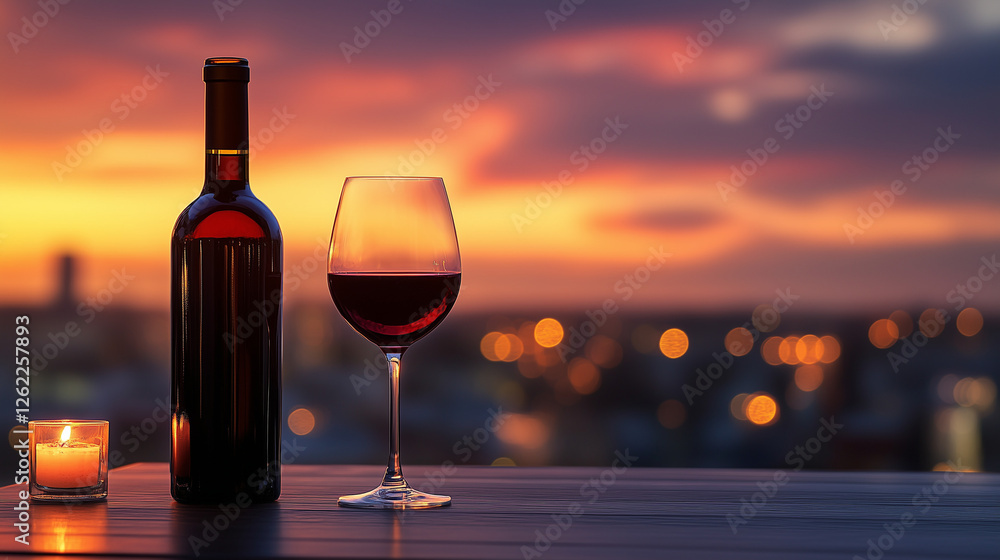 Romantic dinner setting with wine bottle and glass at sunset, elegance Romantic dinner setting with wine bottle and glass at sunset, elegance