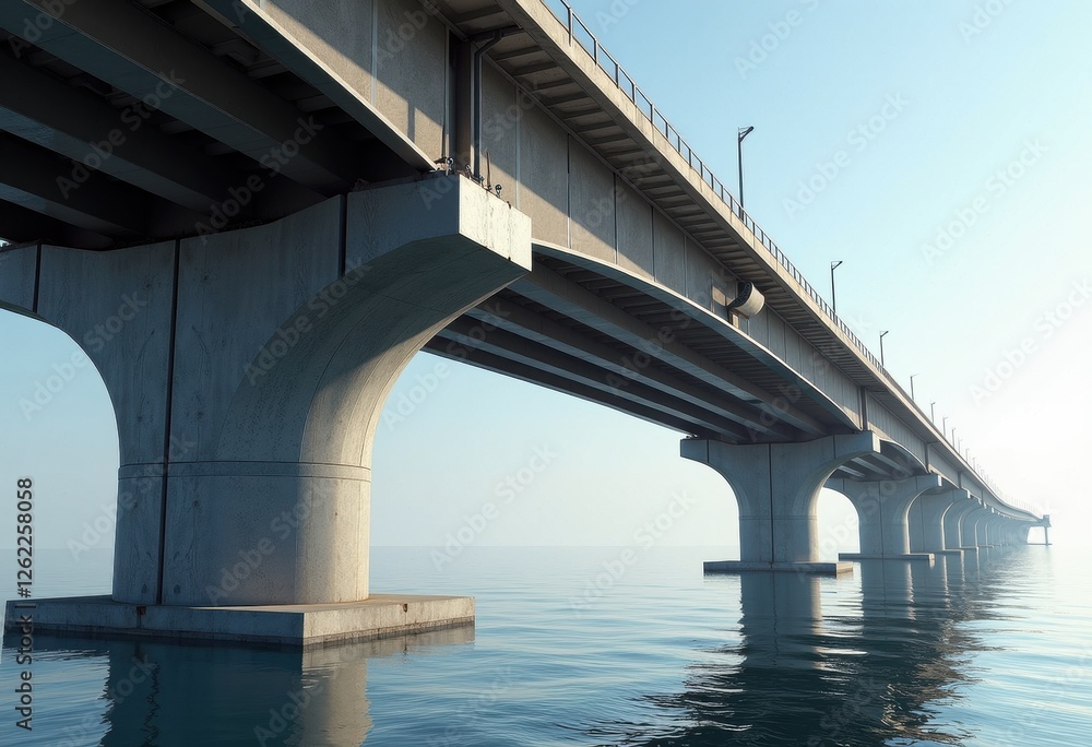 3D Render: Majestic Concrete Bridge Spanning Water with Sky Reflection. A large concrete bridge over a body of water. 3D Render: Majestic Concrete Bridge Spanning Water with Sky Reflection. A large concrete bridge over a body of water.