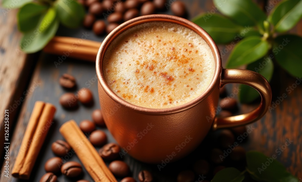 Delicious latte with cinnamon and coffee beans Delicious latte with cinnamon and coffee beans