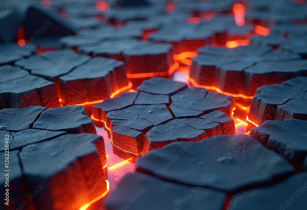 Captivating 3D Render: Lava Flow Illuminated by Red Light Against Blurred Background. A close up of a lava field with glowing red lava. Captivating 3D Render: Lava Flow Illuminated by Red Light Against Blurred Background. A close up of a lava field with glowing red lava.