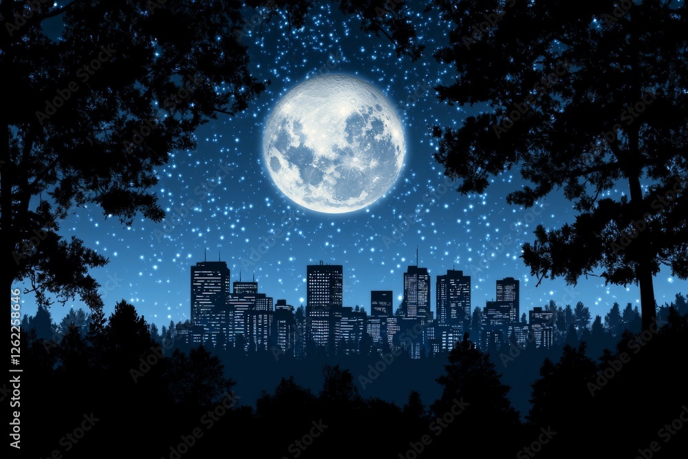 Dense forest with a glowing full moon casting light on a hidden city skyline, merging urban and nature for a mystical atmosphere Dense forest with a glowing full moon casting light on a hidden city skyline, merging urban and nature for a mystical atmosphere
