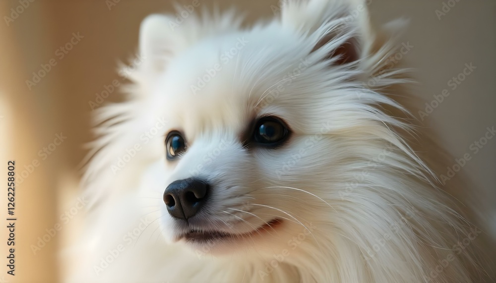 Fototapeta premium Close up of Japanese Spitz with bright eyes and detailed fur against blurred background