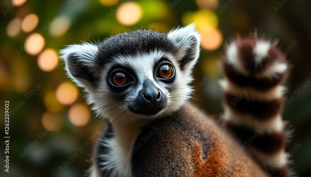 Obraz premium Female Lemur with Expressive Eyes and Ringed Tail, Captured in a Jungle Backdrop