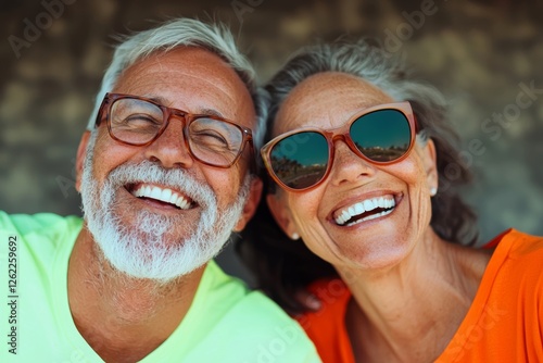 Man and woman are smiling and wearing sunglasses. They are both wearing glasses. The man is wearing a yellow shirt and the woman is wearing an orange shirt