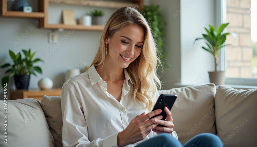 Happy Woman Using Smartphone at Home Happy Woman Using Smartphone at Home