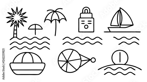 A set of minimalist black and white vector icons outlines the quintessential elements of a sunny beach day, from starfish to surfboards, in a clean and simple style