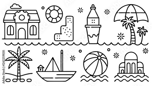 A set of minimalist black and white vector icons outlines the quintessential elements of a sunny beach day, from starfish to surfboards, in a clean and simple style