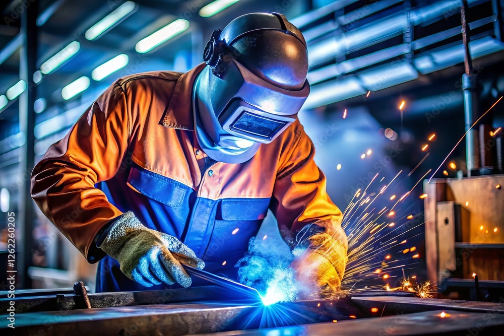 Workers wearing industrial uniforms and Welded Iron Mask at Steel welding plants, industrial safety first. Workers wearing industrial uniforms and Welded Iron Mask at Steel welding plants, industrial safety first.