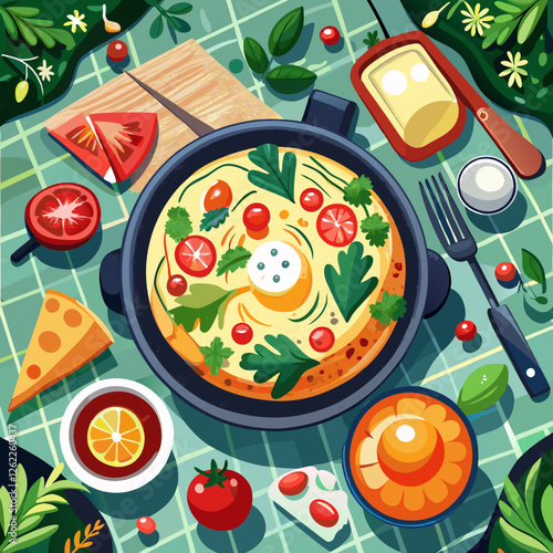 A vibrant and appetizing vector illustration showcases fired rice with fresh tomatoes, herbs, and spices, inviting a taste of home-cooked Italian comfort food