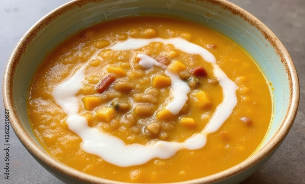 Delicious yellow soup with cream swirl Delicious yellow soup with cream swirl
