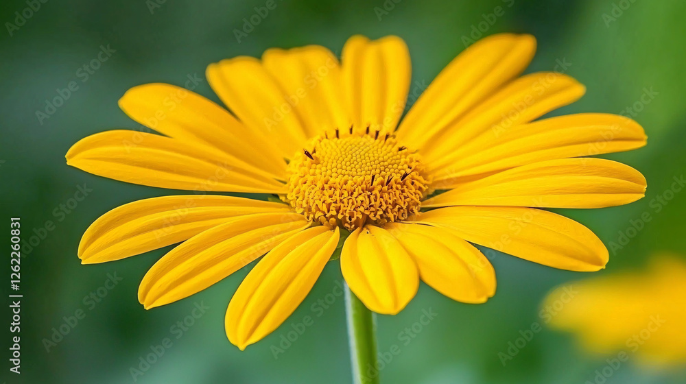 A vibrant, sunny yellow daisy blooms in sharp focus against a soft, out-of-focus green backdrop. A vibrant, sunny yellow daisy blooms in sharp focus against a soft, out-of-focus green backdrop.