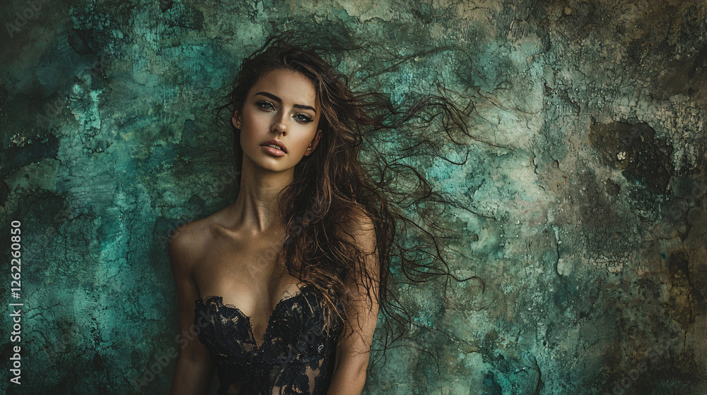 Naklejka premium Alluring woman with flowing hair in black lace against textured teal wall.