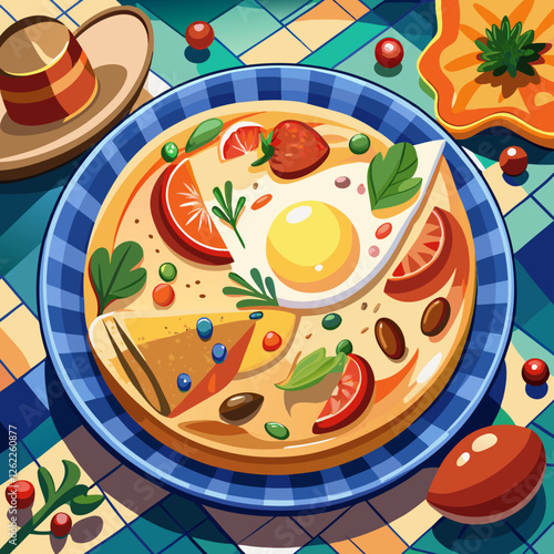 A vibrant and appetizing vector illustration showcases a skillet frittata, brimming with fresh tomatoes, herbs, and spices, inviting a taste of home-cooked Italian comfort food