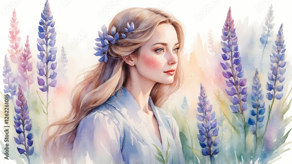 Elegant woman in lavender field with soft floral background Elegant woman in lavender field with soft floral background
