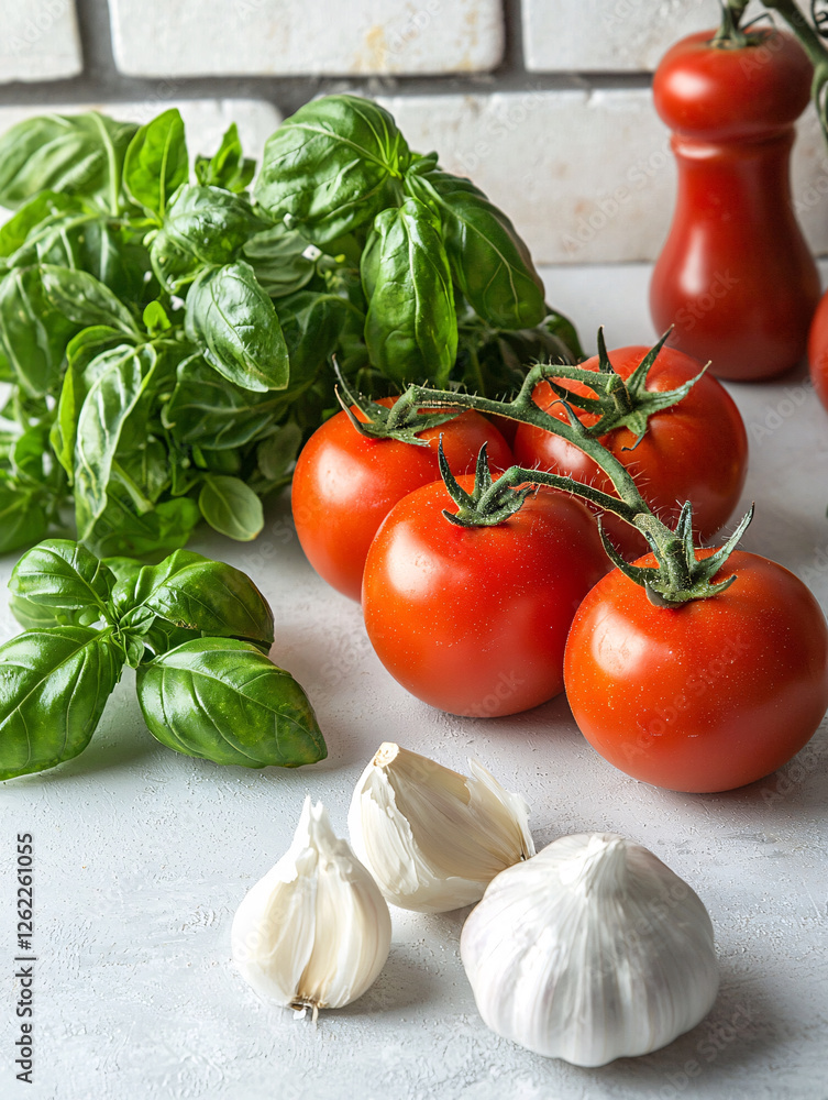 Fresh ingredients: vibrant basil, ripe tomatoes on the vine, and fragrant garlic bulbs on a textured surface. Fresh ingredients: vibrant basil, ripe tomatoes on the vine, and fragrant garlic bulbs on a textured surface.