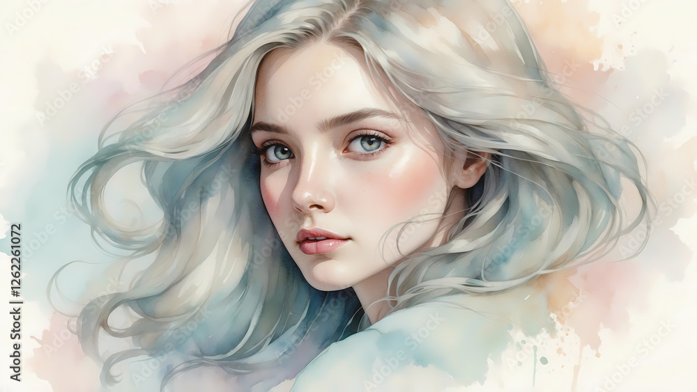 Portrait of a young woman with flowing silver hair in soft light Portrait of a young woman with flowing silver hair in soft light
