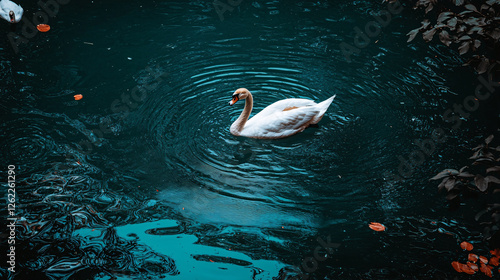 A swan swims in dark water, its movement creating ripples surrounded by autumn leaves.