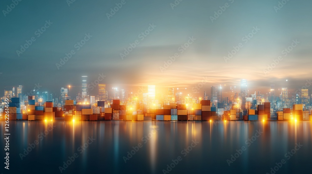 Dynamic shipping operations at dawn container port activity urban waterfront visual exposure industrial environment wide-angle view logistics concept Dynamic shipping operations at dawn container port activity urban waterfront visual exposure industrial environment wide-angle view logistics concept