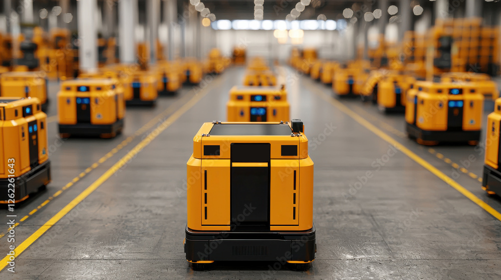 Fototapeta premium Rows of automated robots in a warehouse, exemplifying modern logistics and industrial efficiency.