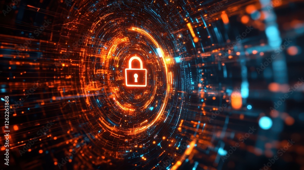 Obraz premium Digital padlock represents network security within layers of data streams