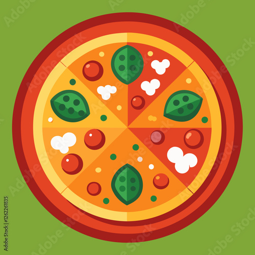 A top-down vector illustration bursts with vibrant colors, depicting a delicious pizza sliced and loaded with fresh tomatoes, onions, olives, and herbs on a bright green backdrop, ready to be enjoyed