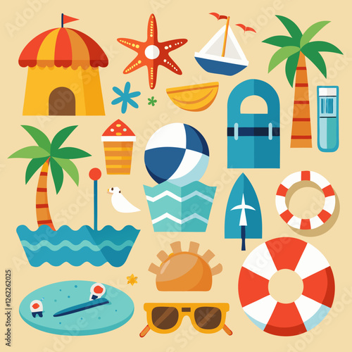 A delightful summer vacation clipart set bursts with playful icons, from a beachside hut to a cheerful starfish, all rendered in a vibrant flat vector style perfect for sunny designs