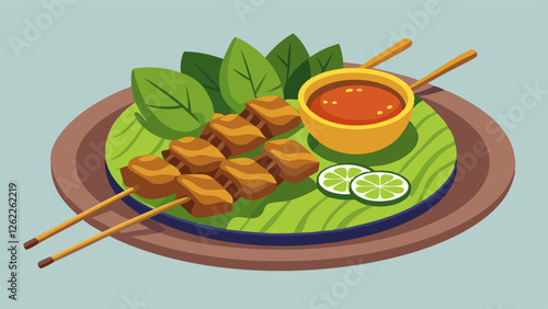 A mouthwatering vector image of skewered meat, presented with zesty sauces and bright garnishes, evokes the joy of sharing a flavorful meal