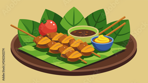 A mouthwatering vector image of skewered meat, presented with zesty sauces and bright garnishes, evokes the joy of sharing a flavorful meal