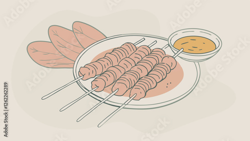 A mouthwatering vector image of skewered meat, presented with zesty sauces and bright garnishes, evokes the joy of sharing a flavorful meal
