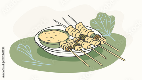 A mouthwatering vector image of skewered meat, presented with zesty sauces and bright garnishes, evokes the joy of sharing a flavorful meal