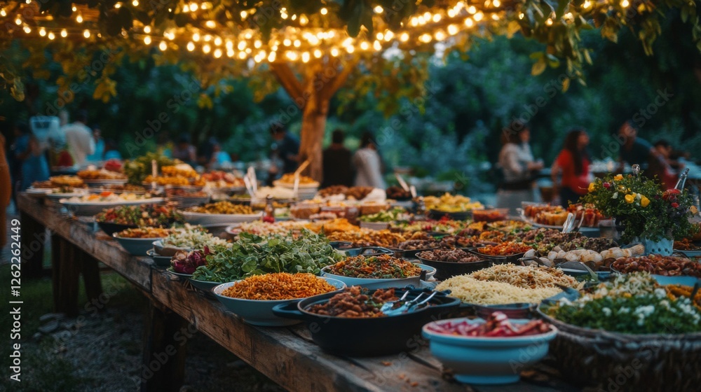 Abundant Buffet Table Outdoor Evening Dinner Party Abundant Buffet Table Outdoor Evening Dinner Party