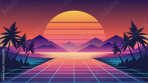 A retro-futuristic sunset casts a vibrant glow over a stylized landscape of palm trees and mountains, evoking a nostalgic synthwave vibe