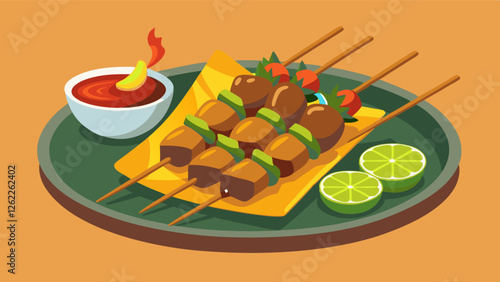 A mouthwatering vector image of skewered meat, presented with zesty sauces and bright garnishes, evokes the joy of sharing a flavorful meal